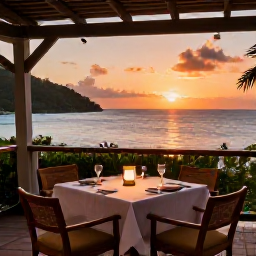 Caribbean Holidays, April Getaways, Elegant open-air restaurant beside the Caribbean sea at sunset, table for two and Saint Vincent and the Grenadines scenery