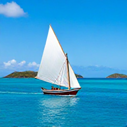 Caribbean Holidays, April Getaways, Traditional wooden sailing boat moving between the Grenadine islands on a sunny April day, vivid blue sea and distant green islands