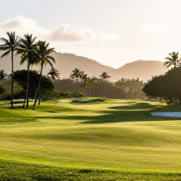 Caribbean Holidays, April Golf Holidays, A bright April morning over a lush Caribbean golf course in Trinidad and Tobago, with palm trees and distant hills