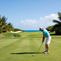Caribbean Holidays, April Golf Holidays, A golfer preparing a club on a scenic Bermuda tee overlooking the sea, with clear spring weather and lush surroundings