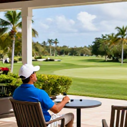 Caribbean Holidays, April Golf Holidays, A golfer relaxing at a clubhouse terrace after a round, with tropical vegetation and Caribbean light in the background