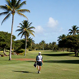 Caribbean Holidays, April Golf Holidays, A golfer walking beside a well-kept tropical fairway in Trinidad, carrying clubs beneath tall palms