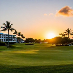 Caribbean Holidays, April Golf Holidays, A peaceful Puerto Rico resort at sunset, with a golf course, palm trees and warm Caribbean light in April