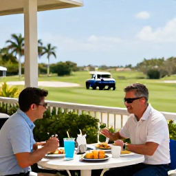 Caribbean Holidays, April Golf Holidays, A relaxed golfer enjoying lunch and a cool drink at a Puerto Rico clubhouse terrace overlooking a green course