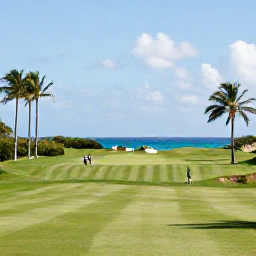 Caribbean Holidays, April Golf Holidays, A sunny Bermuda golf course beside the turquoise Atlantic Ocean in April, with palm trees and players enjoying a relaxed round