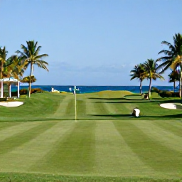 Caribbean Holidays, April Golf Holidays, A sunny Puerto Rico golf course beside the Caribbean Sea in April, with palm trees, green fairways and golfers enjoying warm weather