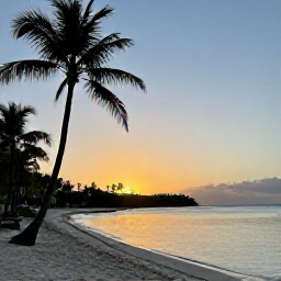 Caribbean Holidays, April Golf Holidays, A tropical Caribbean beach at sunset in Tobago, with calm water, palms and a relaxed holiday atmosphere