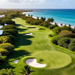 Caribbean Holidays, April Golf Holidays, Aerial view of Grand Cayman golf course surrounded by turquoise sea and tropical greenery in warm April sunshine