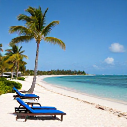 Caribbean Holidays, April Golf Holidays, Cayman Islands beach beside a golf holiday resort, with loungers, palm trees and calm turquoise water