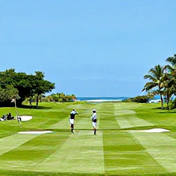 Caribbean Holidays, April Golf Holidays, Golfers playing a scenic championship course in Puerto Rico, with lush fairways, tropical trees and distant ocean views under an April blue sky