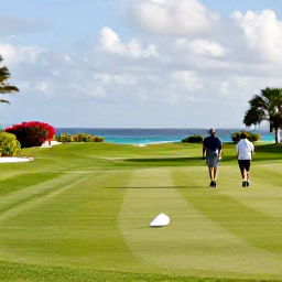 Caribbean Holidays, April Golf Holidays, Golfers walking along a well-kept Bermuda fairway under soft spring sunshine, with coastal views and flowering plants