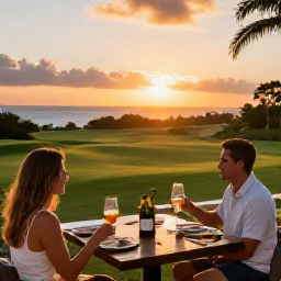 Caribbean Holidays, April Golf Holidays, Outdoor Caribbean restaurant in Grand Cayman at sunset, with golfers enjoying dinner and views over the sea