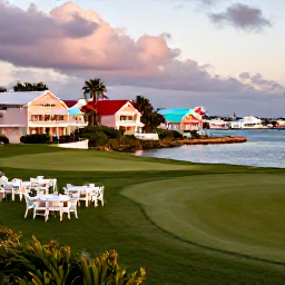Caribbean Holidays, April Golf Holidays, Relaxed Bermuda evening overlooking the harbour after golf, with pastel buildings, calm water and outdoor dining