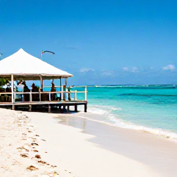 Caribbean Holidays, April Holidays, Relaxed April holiday scene on a Saint Martin beach, with clear turquoise water, a small local restaurant and travellers enjoying Caribbean culture