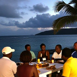 Caribbean Holidays, April Holidays, Relaxed Caribbean evening in Saint Vincent and the Grenadines with visitors and locals sharing food and conversation near the sea in April