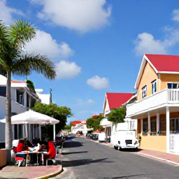 Caribbean Holidays, April Holidays, Sunny Caribbean street in Saint Martin and Sint Maarten during April, with colourful buildings, palm trees and local people enjoying the day