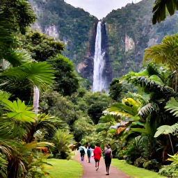 Caribbean Holidays, April Holidays, Visitors enjoying a scenic April walk through lush Saint Vincent rainforest towards a waterfall, with mountains and tropical vegetation