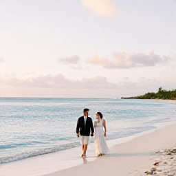 Caribbean Holidays, April Honeymoons, A newlywed couple walking barefoot along a quiet white-sand beach in Turks and Caicos at sunrise, calm turquoise sea and soft morning light