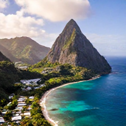 Caribbean Holidays, April Honeymoons, Aerial view of Saint Lucia's Pitons, lush green coastline and turquoise Caribbean Sea in warm April sunshine