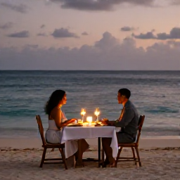Caribbean Holidays, April Honeymoons, Candlelit beachfront dinner for two in Jamaica, white sand, calm sea and subtle tropical decoration at dusk