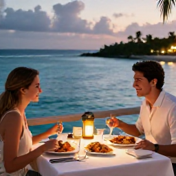 Caribbean Holidays, April Honeymoons, Couple dining at an elegant waterside restaurant in The Bahamas with fresh seafood and warm evening light