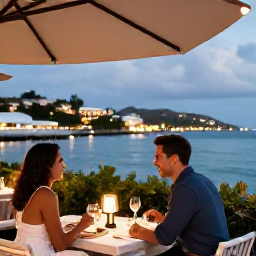 Caribbean Holidays, April Honeymoons, Couple dining outdoors at a stylish waterfront restaurant in Gustavia, Saint Barth&eacute;lemy, with harbour lights in the evening
