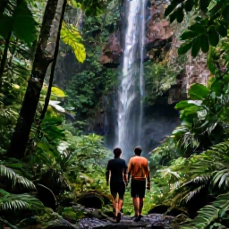 Caribbean Holidays, April Honeymoons, Couple hiking through lush El Yunque rainforest in Puerto Rico, tropical foliage, waterfall and filtered sunlight
