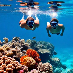 Caribbean Holidays, April Honeymoons, Couple snorkelling over a colourful coral reef in clear Caribbean water near Turks and Caicos, tropical fish visible below