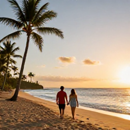 Caribbean Holidays, April Honeymoons, Couple walking hand in hand along a golden Puerto Rican beach at sunset, palm trees and calm Caribbean water