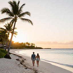 Caribbean Holidays, April Honeymoons, Couple walking hand in hand along a quiet Caribbean beach at sunrise in April, palm trees and calm turquoise water