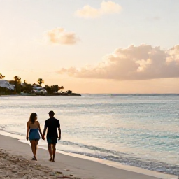 Caribbean Holidays, April Honeymoons, Couple walking hand in hand along a quiet Caribbean beach in Saint Martin at sunset, with calm turquoise water and soft golden light