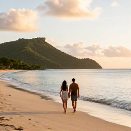 Caribbean Holidays, April Honeymoons, Couple walking hand in hand along a quiet golden beach on Saint Kitts at sunset, calm Caribbean Sea and green hills in the background
