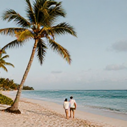 Caribbean Holidays, April Honeymoons, Couple walking hand in hand along a quiet Jamaican beach in April, turquoise sea, soft morning sunlight and palm trees