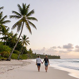 Caribbean Holidays, April Honeymoons, Couple walking hand in hand along a quiet palm-fringed beach in Tobago at sunset