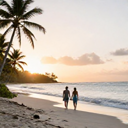 Caribbean Holidays, April Honeymoons, Couple walking hand in hand along a quiet tropical beach in Saint Vincent and the Grenadines at sunrise, gentle waves and palm trees