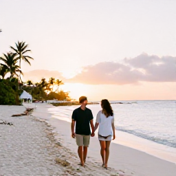 Caribbean Holidays, April Honeymoons, Couple walking hand in hand along a quiet white sand beach in Saint Barth&eacute;lemy at sunset