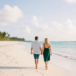 Caribbean Holidays, April Honeymoons, Couple walking hand in hand along a quiet white-sand beach in The Bahamas during a warm April afternoon