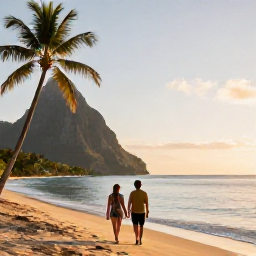 Caribbean Holidays, April Honeymoons, Couple walking hand in hand on a quiet golden beach in Saint Lucia at sunset, palm trees and calm sea