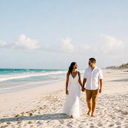 Caribbean Holidays, April Honeymoons Cuba, A newlywed couple walking hand in hand along a quiet white-sand beach in Varadero, Cuba, beneath a warm April sky