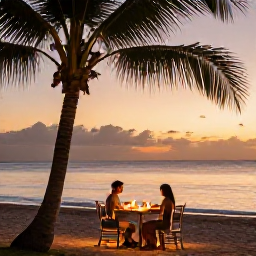 Caribbean Holidays, April Honeymoons Cuba, Candlelit dinner for two on a Cuban beach at sunset, with palm trees, soft lantern light and calm waves