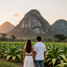 Caribbean Holidays, April Honeymoons Cuba, Couple enjoying a scenic view over the green Vi&ntilde;ales Valley in Cuba, with limestone hills, tobacco fields and soft morning light