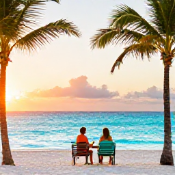Caribbean Holidays, April Honeymoons Cuba, Romantic beachfront resort in Varadero with palm trees, turquoise water and a couple sharing drinks at sunset