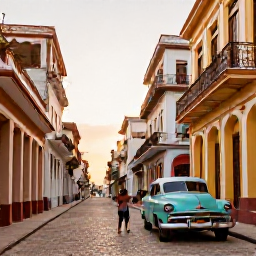 Caribbean Holidays, April Honeymoons Cuba, Romantic cobbled street in Old Havana at golden hour, with colourful colonial buildings, classic American cars and a couple exploring