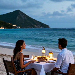 Caribbean Holidays, April Honeymoons, Elegant beachfront dinner for two in Saint Vincent and the Grenadines at dusk, lanterns, local food and sea view