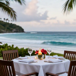 Caribbean Holidays, April Honeymoons, Elegant beachfront dinner for two with candles, tropical flowers and ocean views in Tobago