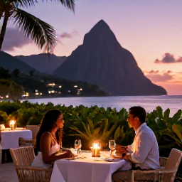 Caribbean Holidays, April Honeymoons, Elegant beachfront restaurant in Saint Lucia with a honeymoon couple dining at sunset, tropical foliage and candlelit table