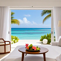 Caribbean Holidays, April Honeymoons, Elegant Caribbean honeymoon suite with open doors to a private terrace, ocean view, white linen and tropical flowers