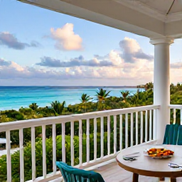 Caribbean Holidays, April Honeymoons, Elegant honeymoon resort suite with balcony overlooking a turquoise Turks and Caicos lagoon, tropical greenery and soft afternoon light