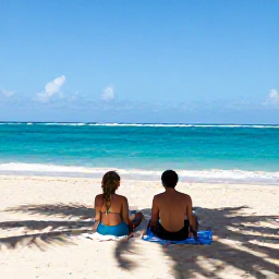Caribbean Holidays, April Honeymoons, Honeymoon couple relaxing on a quiet tropical beach in Puerto Rico, turquoise sea, white sand and gentle palm shadows