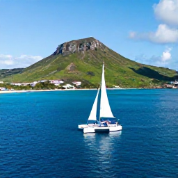 Caribbean Holidays, April Honeymoons, Honeymoon couple sailing on a small catamaran past green hills and bright blue bays around Saint Martin and nearby Caribbean islands